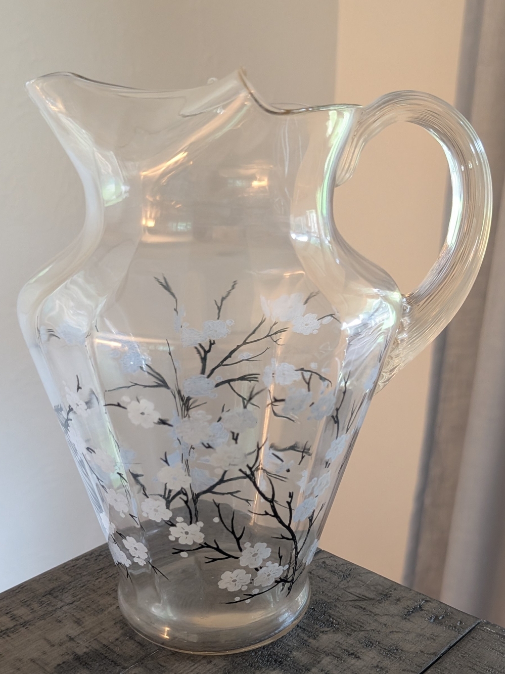 Vintage 1950s Glass Floral White Blossom Pitcher w Textured Handle & Ice Lip 10"